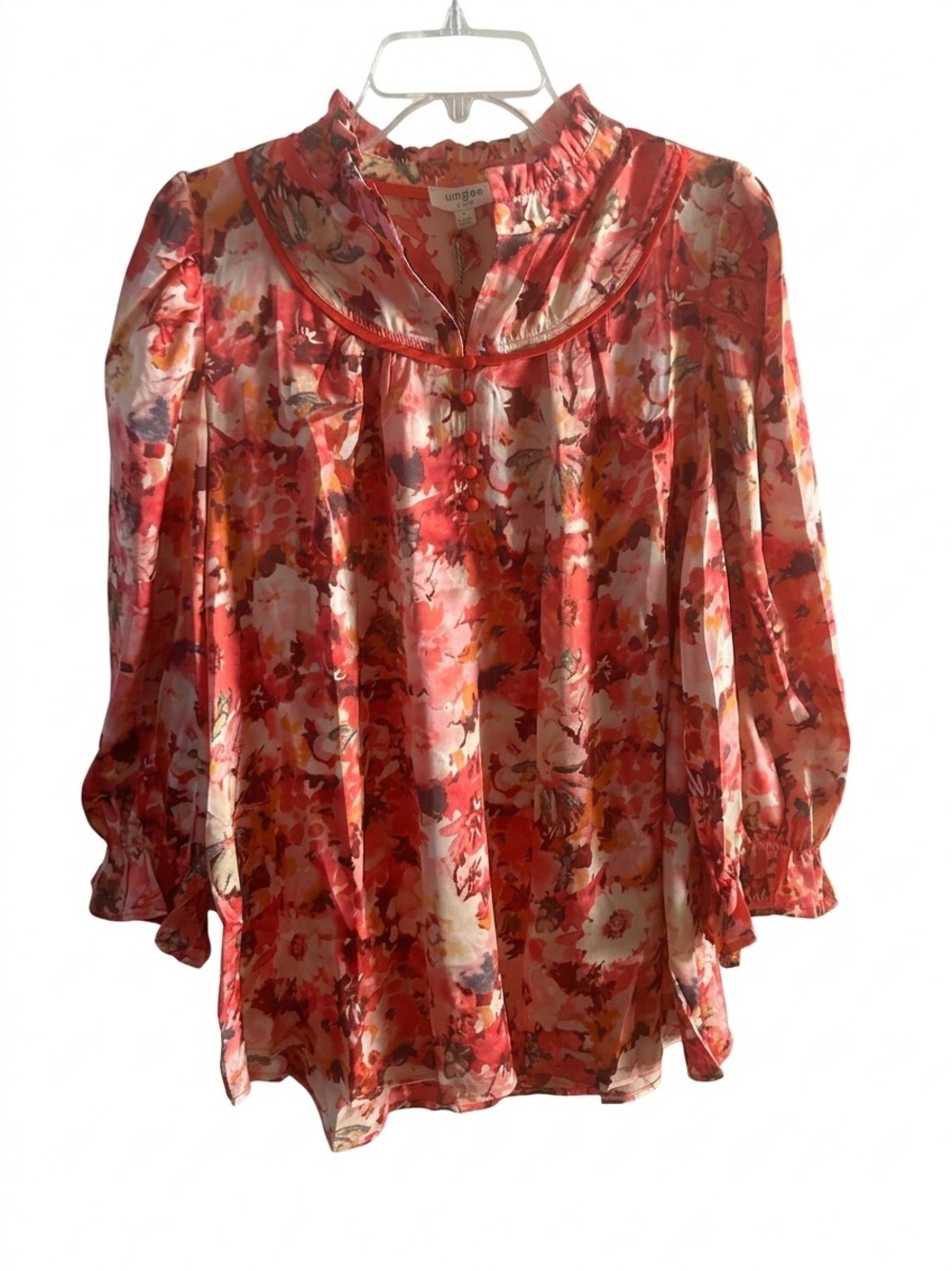 Umgee Floral Button-Front Long Sleeve Blouse Size L NWT Pink Red Multi